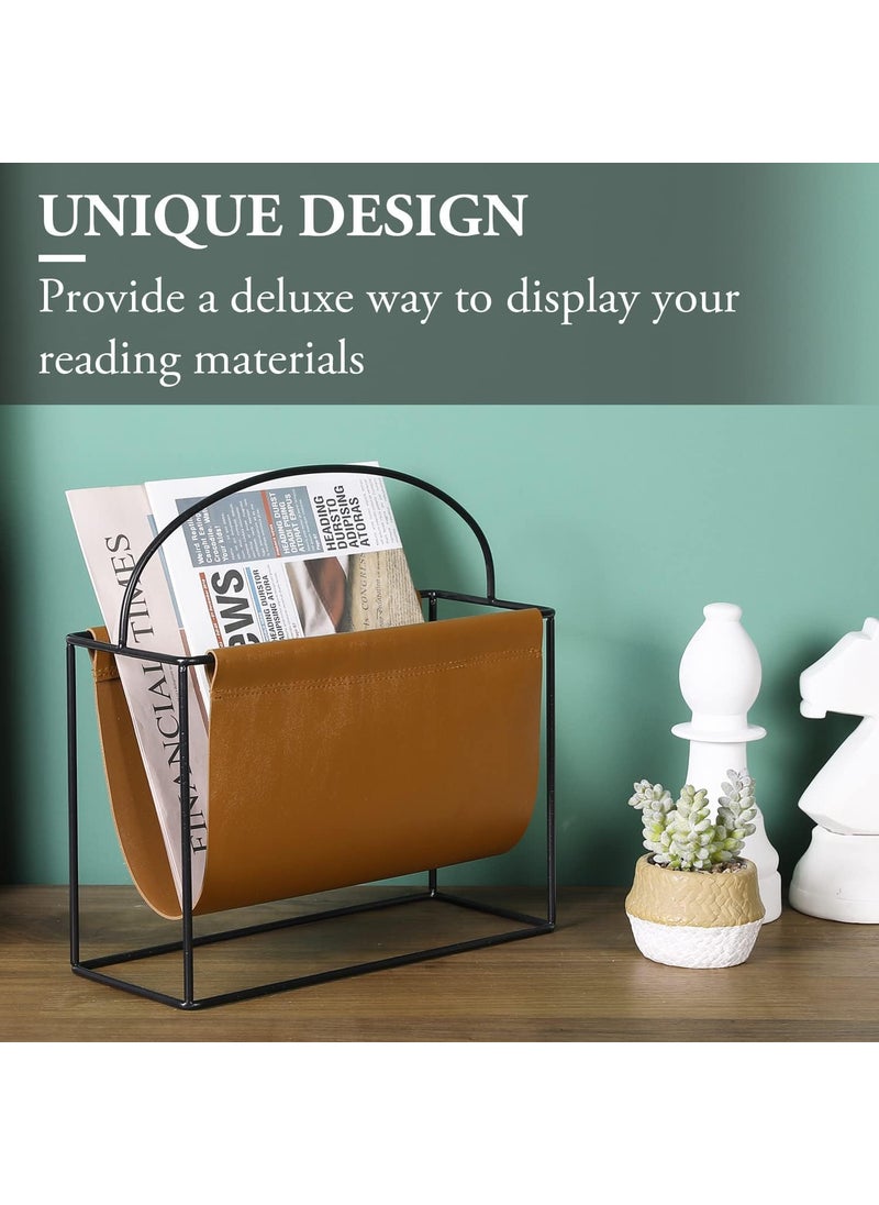 INDIDECOR INDIDECOR 51541 Compact 11 Inch Modern Magazine Holder with Industrial Matte Black Metal Frame and Caramel Brown Leatherette Sling Tabletop or Floor Standing Storage Organizer  - Image 2