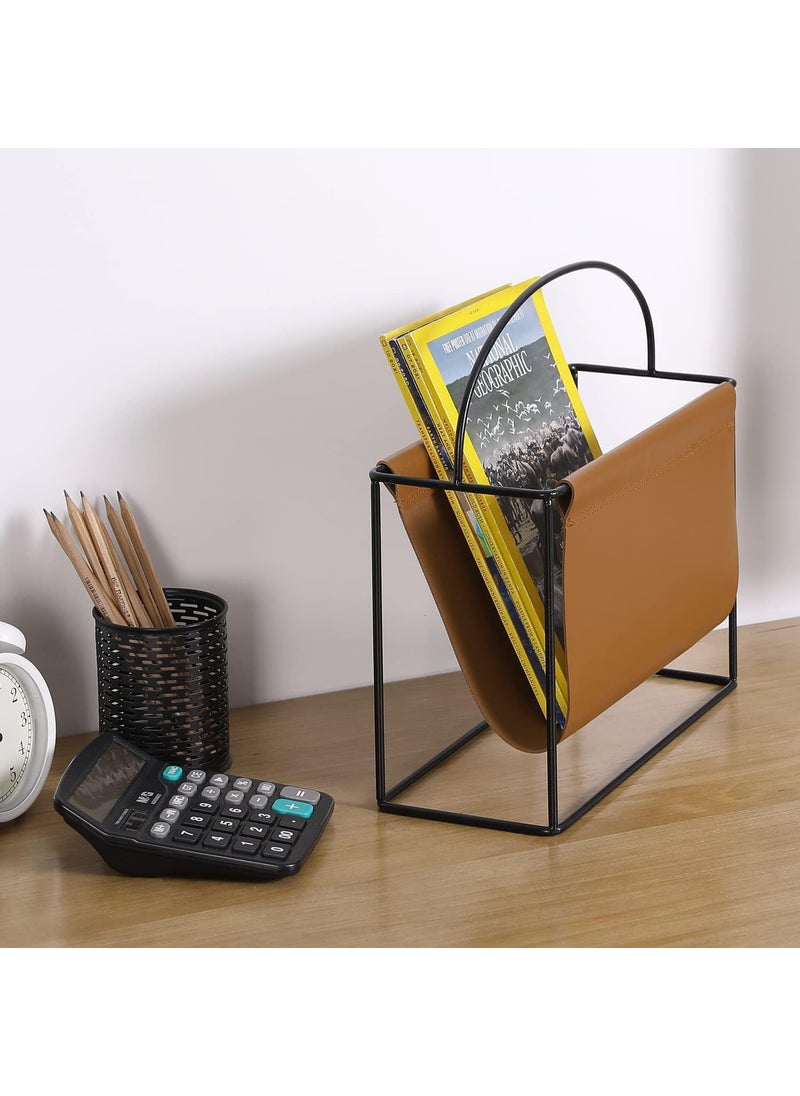 INDIDECOR INDIDECOR 51541 Compact 11 Inch Modern Magazine Holder with Industrial Matte Black Metal Frame and Caramel Brown Leatherette Sling Tabletop or Floor Standing Storage Organizer  - Image 4
