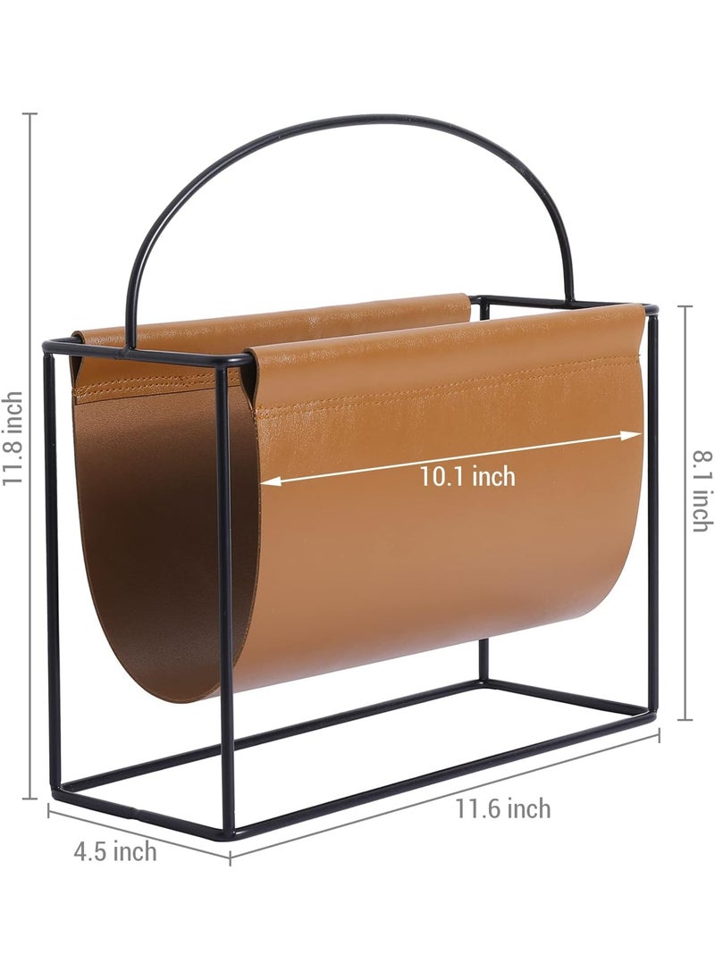 INDIDECOR INDIDECOR 51541 Compact 11 Inch Modern Magazine Holder with Industrial Matte Black Metal Frame and Caramel Brown Leatherette Sling Tabletop or Floor Standing Storage Organizer  - Image 5