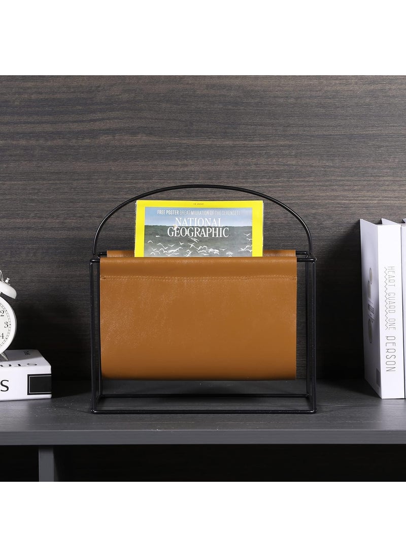 INDIDECOR INDIDECOR 51541 Compact 11 Inch Modern Magazine Holder with Industrial Matte Black Metal Frame and Caramel Brown Leatherette Sling Tabletop or Floor Standing Storage Organizer  - Image 3