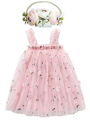 BGFKS Layered Tulle Tutu Dress for Toddler Girls,Baby Girl Rainbow Tutu Princess Skirt Set with Flower Headband.(Flower Pink,6 Months) - Image 1
