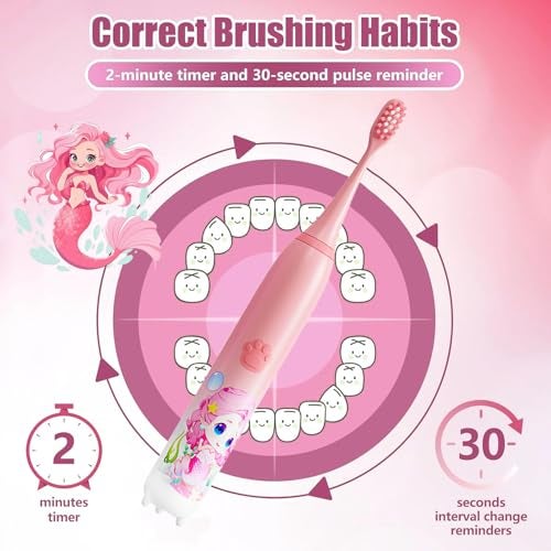US1984 Sonic Electric Kids Toothbrush with 5 Modes, 3 Brush Heads & Rechargeable Battery, Ultra Soft Nylon Bristles, 2 Min Timer, IPX7 Waterproof, Type-C Electric Power Toothbrush (Pink) - Image 2