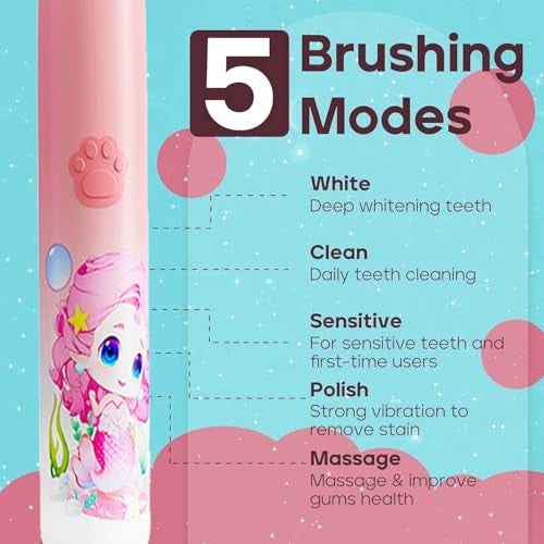 US1984 Sonic Electric Kids Toothbrush with 5 Modes, 3 Brush Heads & Rechargeable Battery, Ultra Soft Nylon Bristles, 2 Min Timer, IPX7 Waterproof, Type-C Electric Power Toothbrush (Pink) - Image 4