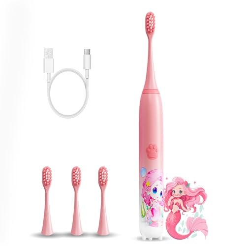 US1984 Sonic Electric Kids Toothbrush with 5 Modes, 3 Brush Heads & Rechargeable Battery, Ultra Soft Nylon Bristles, 2 Min Timer, IPX7 Waterproof, Type-C Electric Power Toothbrush (Pink) - Image 1
