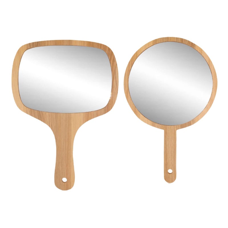 Victor Enterprises Wooden Handheld Beauty Makeup Mirror Set of 2 Round Shape 1075 inch Rectangle Shape 12 x 6 Inch Salon Mirror Dressing Table Mirror Shaving Mirror Travel Mirror - Image 1