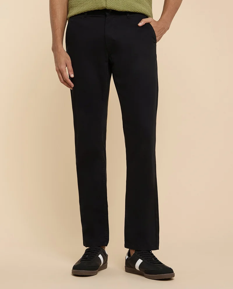 R&B Solid Straight Fit Pants with Button Closure