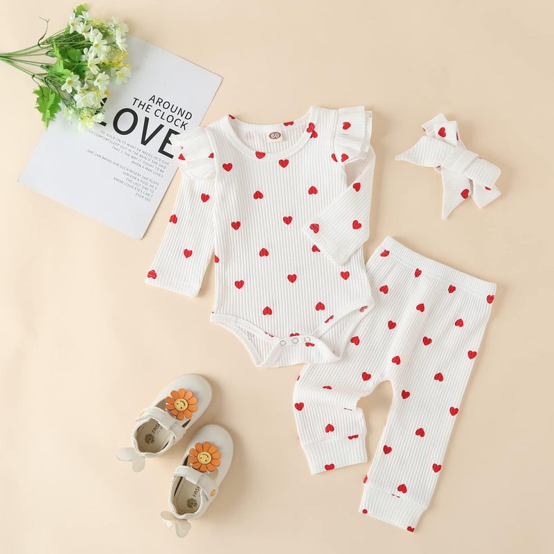 Fullfamous Newborn Infant Baby Girl Fall Winter Clothes Long Sleeve Onesie Clothing Pant Clothing Set Outfits Gifts Newborn White Heart - Image 2