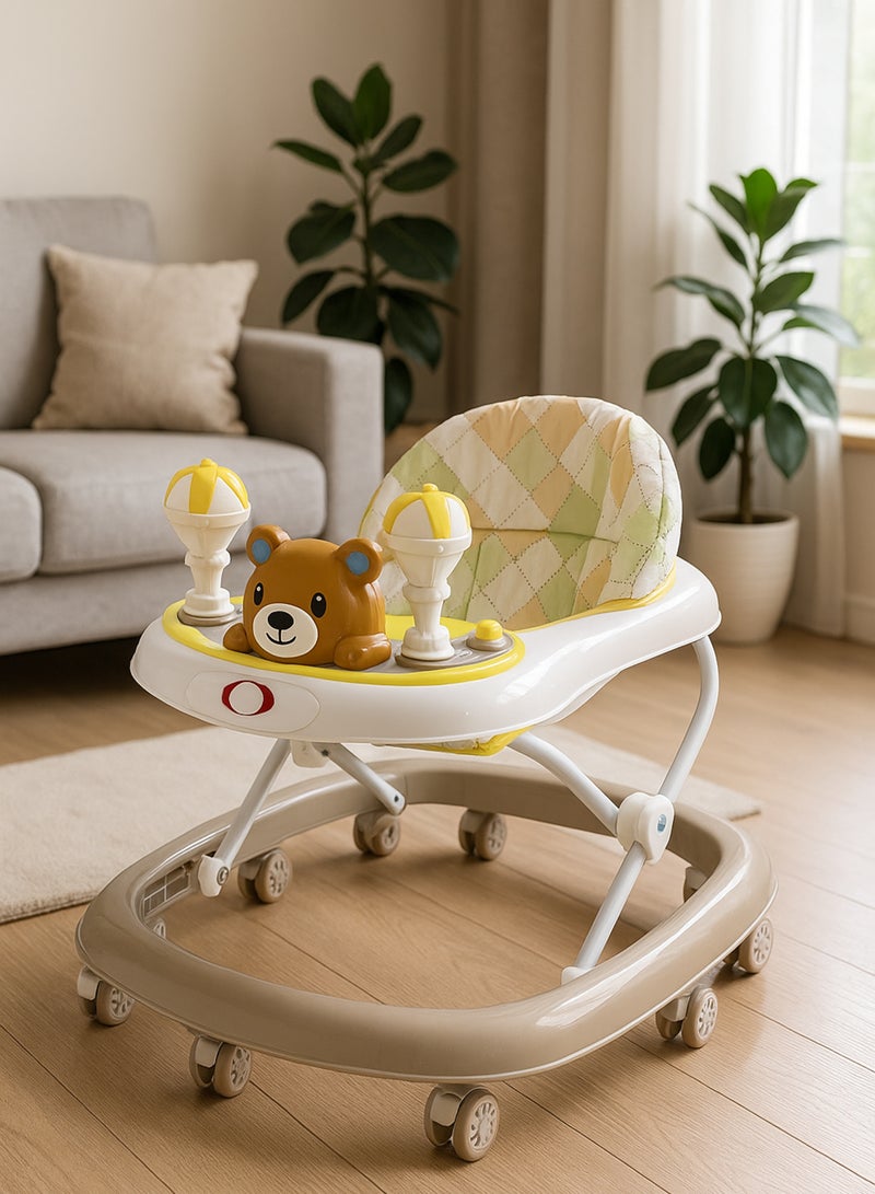 Multifunctional Baby Walker in Beige with Fun Musical Toys - Learning to Walk - Comfortable and Adjustable Seat with Different Heights, Safe Design with Flexible Wheels for Easy and Fun Learning to Walk - Image 1