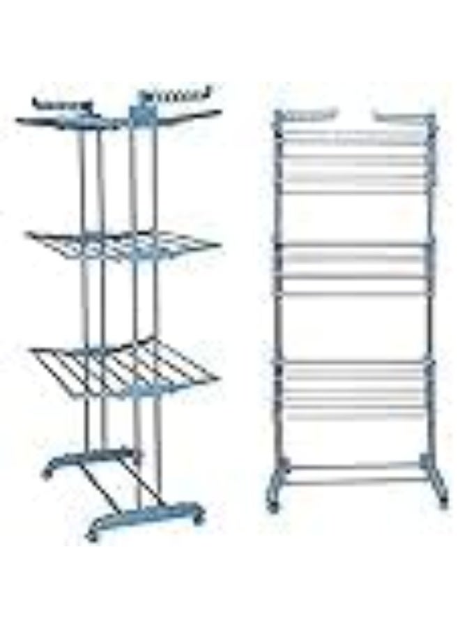 3-Tier Foldable Clothes Drying Rack with Side Wings and Built-in Wheels for Easy Mobility- h - Image 2