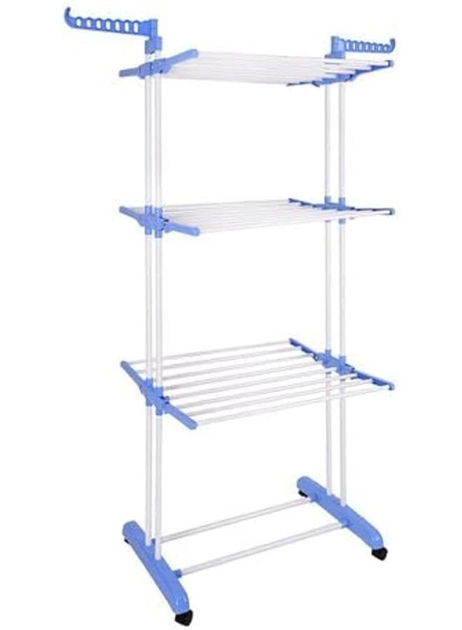 3-Tier Foldable Clothes Drying Rack with Side Wings and Built-in Wheels for Easy Mobility- h - Image 3