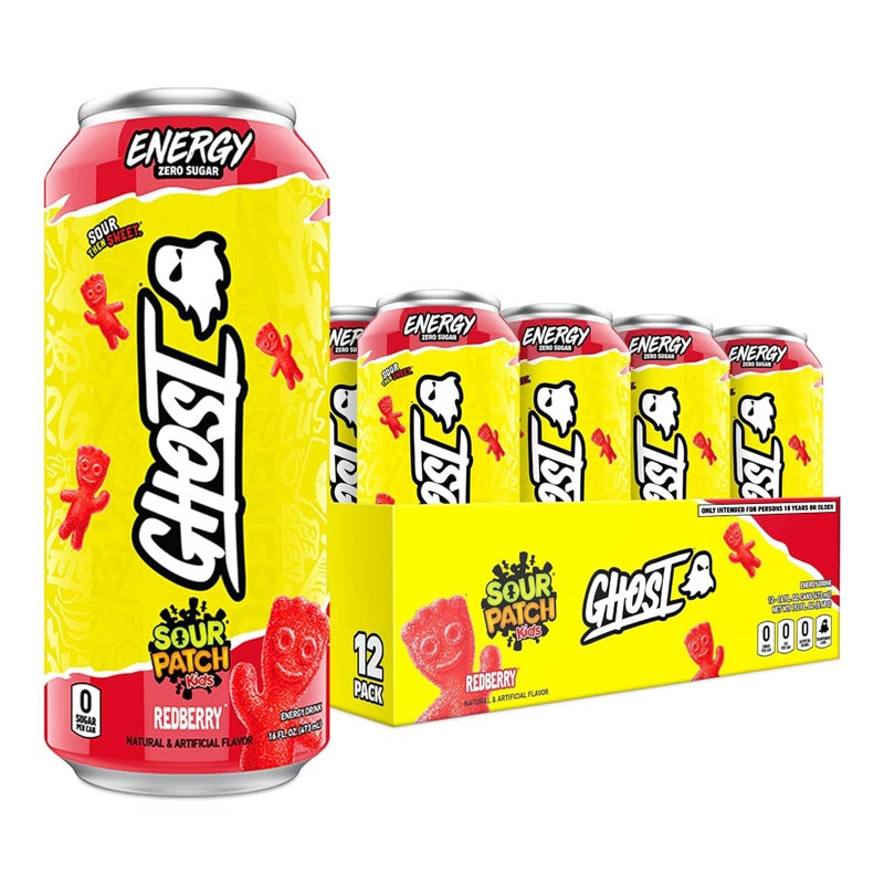 GHOST Energy Drink - 12-Pack, Sour Patch Kids Redberry, 16oz - Energy & Focus & No Artificial Colors - 200mg of Natural Caffeine, L-Carnitine & Taurine - Gluten-Free & Vegan - Image 4