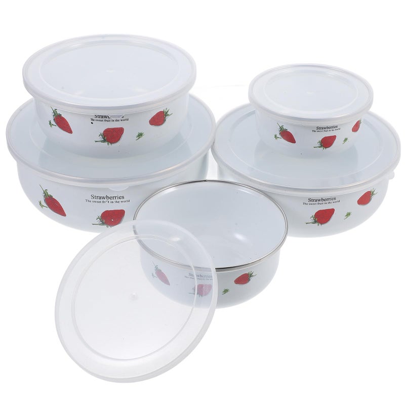 5Pcs Strawberry Pattern Enamel Food Storage Bowls Set with Lids Thickened Deep Mixing Serving Bowls - Image 2