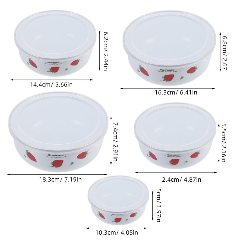 5Pcs Strawberry Pattern Enamel Food Storage Bowls Set with Lids Thickened Deep Mixing Serving Bowls - Image 3