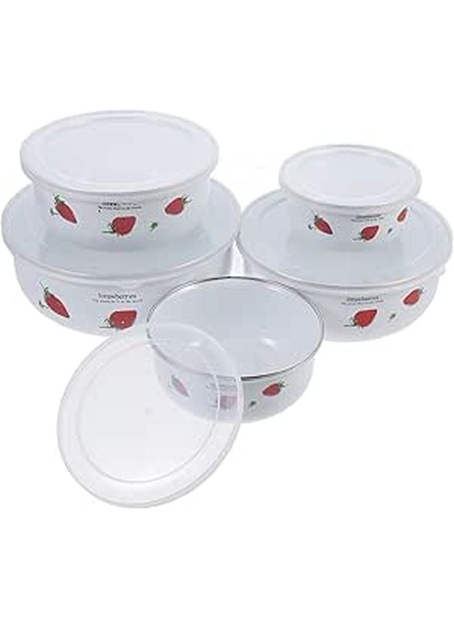 5Pcs Strawberry Pattern Enamel Food Storage Bowls Set with Lids Thickened Deep Mixing Serving Bowls - Image 1