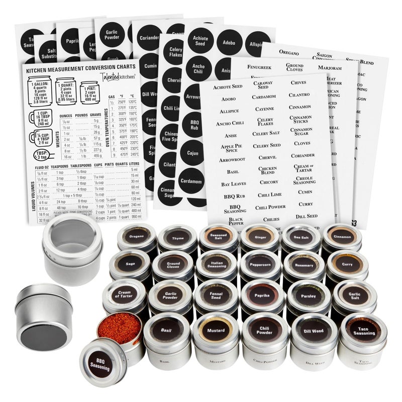 Talented Kitchen Magnetic Spice Jars - 3 oz, Stainless Steel, 24-Pack - Spice Tins with Sift & Pour Lids & Fridge Magnets for Kitchen Organization - Image 1