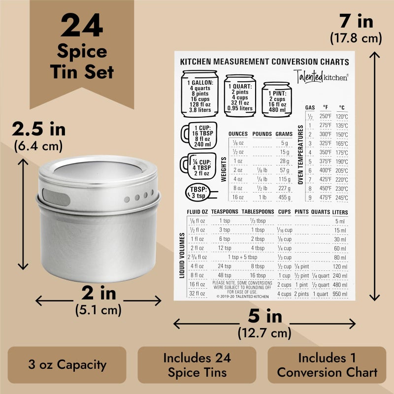 Talented Kitchen Magnetic Spice Jars - 3 oz, Stainless Steel, 24-Pack - Spice Tins with Sift & Pour Lids & Fridge Magnets for Kitchen Organization - Image 5