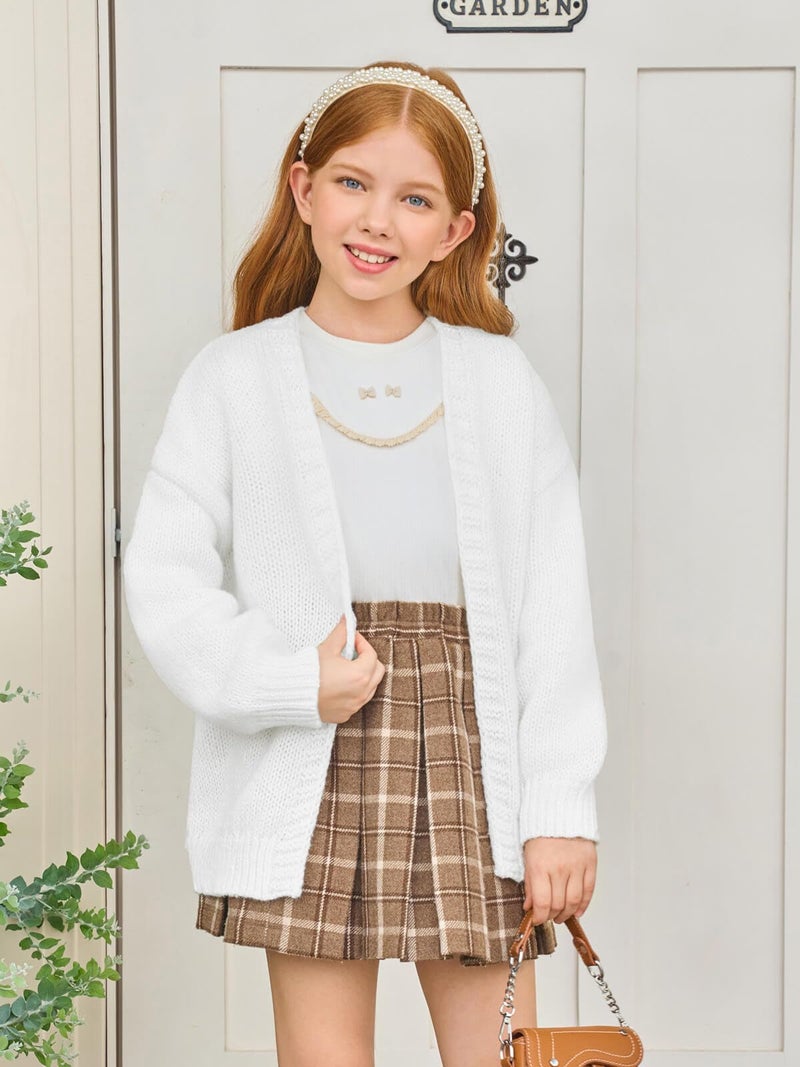 Haloumoning Girls Long Sleeve Cardigan Kids Casual Open Front Chunky Sweater Fall Outerwear 5-14Y White - Image 2