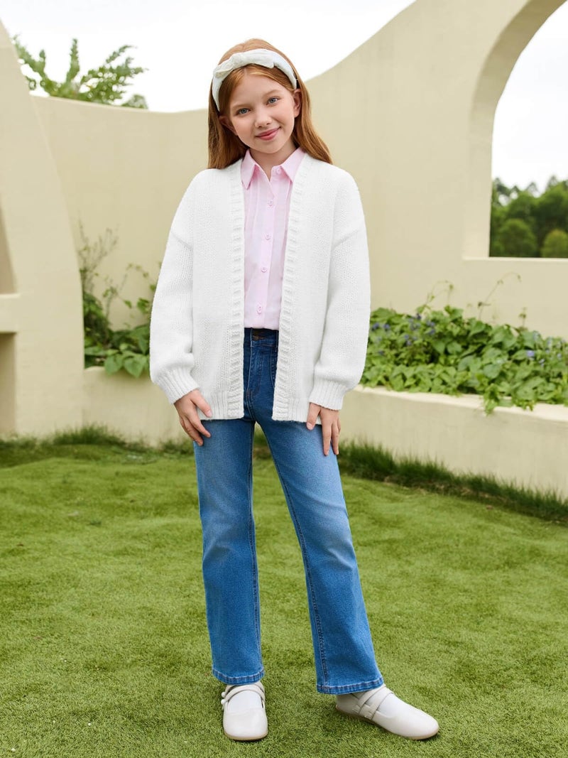 Haloumoning Girls Long Sleeve Cardigan Kids Casual Open Front Chunky Sweater Fall Outerwear 5-14Y White - Image 5