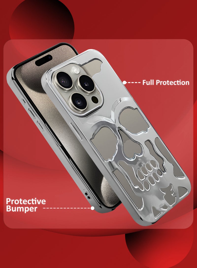 CATANES iPhone 15 Pro Max 3Packs Skull Case Cover Soft TPU and Glossy with Two 3D Shockproof Screen Protector - Silver - Image 2