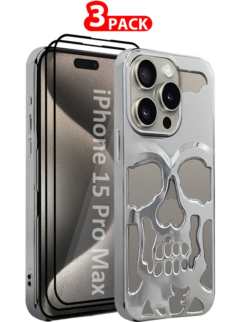 CATANES iPhone 15 Pro Max 3Packs Skull Case Cover Soft TPU and Glossy with Two 3D Shockproof Screen Protector - Silver - Image 1