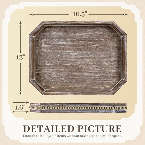 CEDARLUX Wooden Decorative Tray Rustic Serving Tray with Wood Bead Farmhouse Big Tray for Ottoman Countertop Coffee Tabl 165 x 13x 16 Retro Brown - Image 3