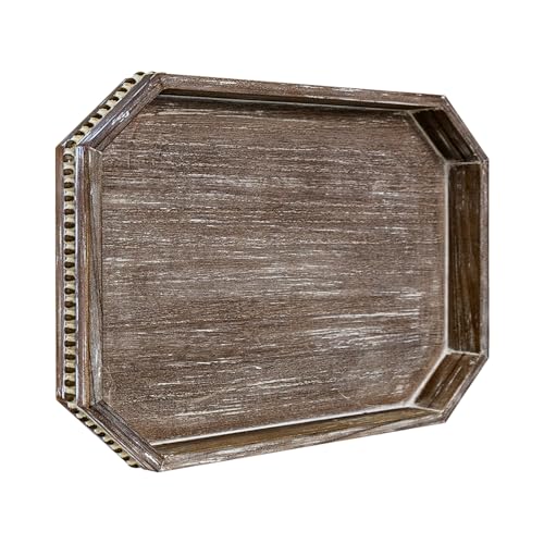 CEDARLUX Wooden Decorative Tray Rustic Serving Tray with Wood Bead Farmhouse Big Tray for Ottoman Countertop Coffee Tabl 165 x 13x 16 Retro Brown - Image 1