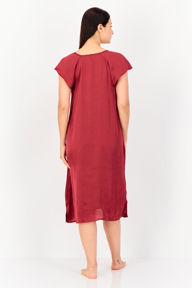 zivame Women Solid Short Sleeves Sleeping Dress, Maroon - Image 4