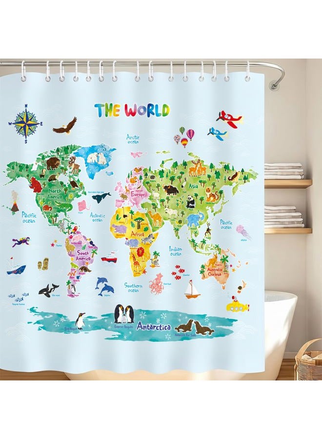 Decowall BASHOM BSC-615 Animal World Map Shower Curtain set for Kids Waterproof washable Decorative Bathroom 71''x71''(180x180cm) Polyester Fabric with 12 Hooks Colourful educational country Liner Tapestry - Image 1