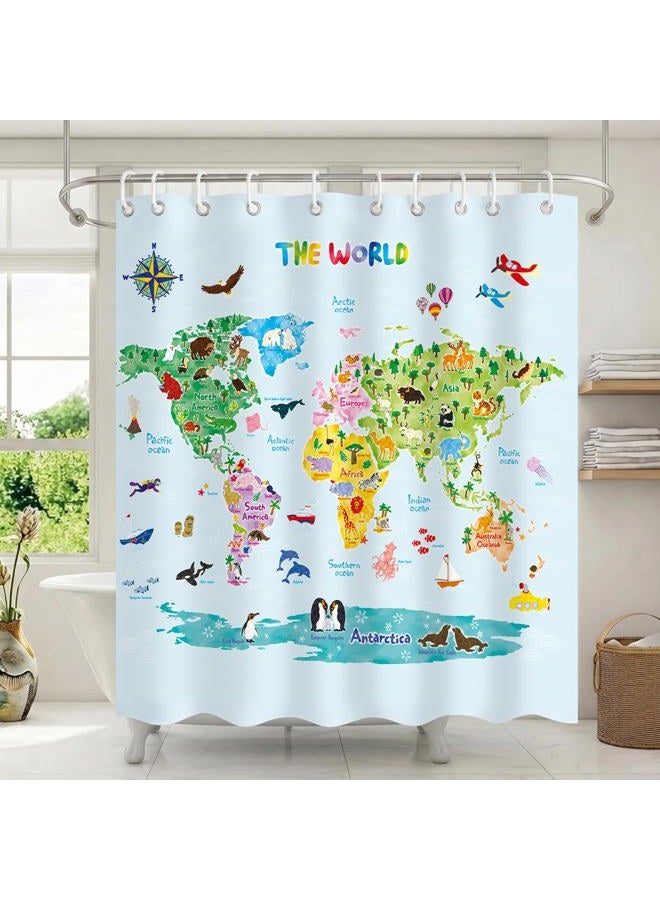 Decowall BASHOM BSC-615 Animal World Map Shower Curtain set for Kids Waterproof washable Decorative Bathroom 71''x71''(180x180cm) Polyester Fabric with 12 Hooks Colourful educational country Liner Tapestry - Image 2