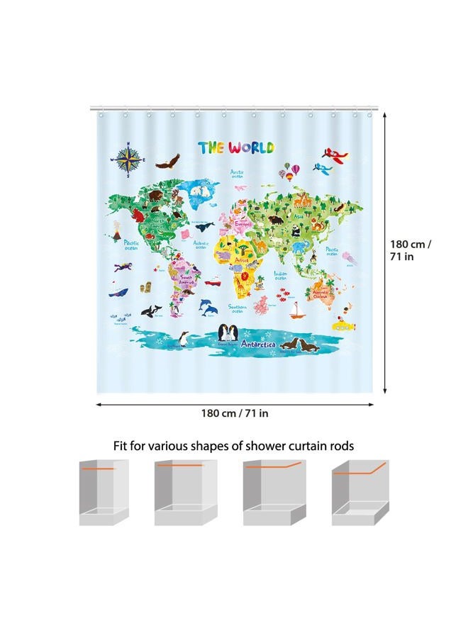 Decowall BASHOM BSC-615 Animal World Map Shower Curtain set for Kids Waterproof washable Decorative Bathroom 71''x71''(180x180cm) Polyester Fabric with 12 Hooks Colourful educational country Liner Tapestry - Image 4