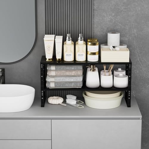 Jojocross Expandable Cabinet Shelf Organizer, Storage Spice Rack, Stackable Adjustable Shelves for Kitchen, Pantry, Cupboard, Bathroom, Countertop, Desktop - 1 Pack, Black, Medium with Hole - Image 5
