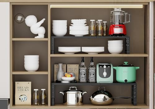 Jojocross Expandable Cabinet Shelf Organizer, Storage Spice Rack, Stackable Adjustable Shelves for Kitchen, Pantry, Cupboard, Bathroom, Countertop, Desktop - 1 Pack, Black, Medium with Hole - Image 3