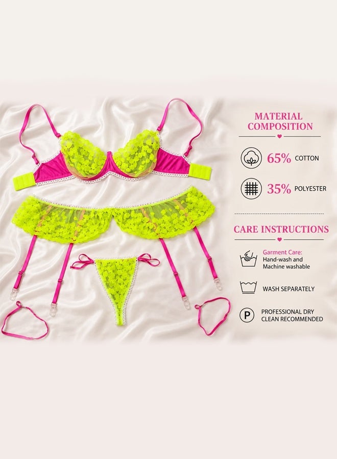 MARGOUN Women’s 3-Piece Neon Lace Lingerie Set – Matching Bra, Thong, and Garter Belt with Adjustable Straps – Vibrant Intimate Wear W513 - Image 5