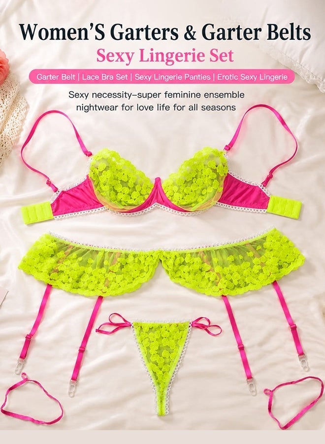 MARGOUN Women’s 3-Piece Neon Lace Lingerie Set – Matching Bra, Thong, and Garter Belt with Adjustable Straps – Vibrant Intimate Wear W513 - Image 1