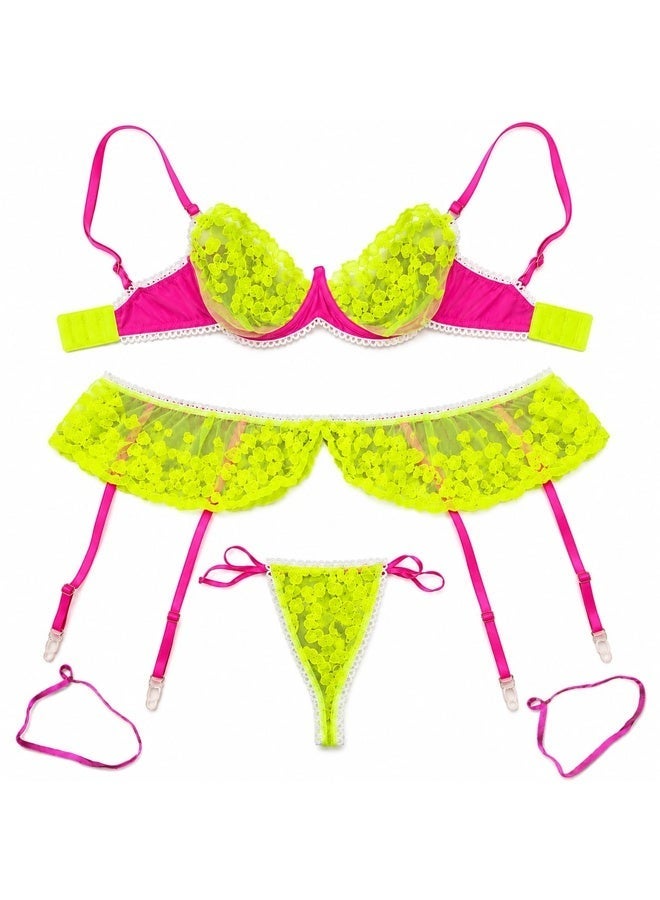 MARGOUN Women’s 3-Piece Neon Lace Lingerie Set – Matching Bra, Thong, and Garter Belt with Adjustable Straps – Vibrant Intimate Wear W513 - Image 2