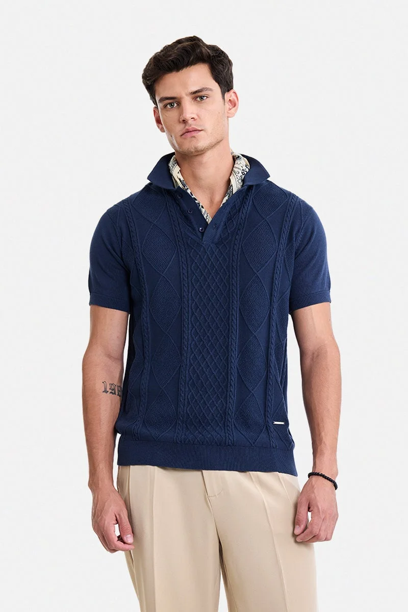 سنيتش Navy Blue Textured Short Sleeve Regular Fit T-Shirt