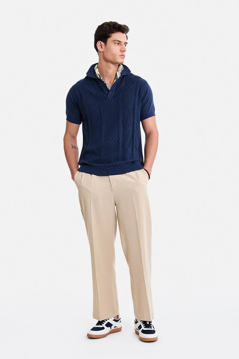 سنيتش Navy Blue Textured Short Sleeve Regular Fit T-Shirt