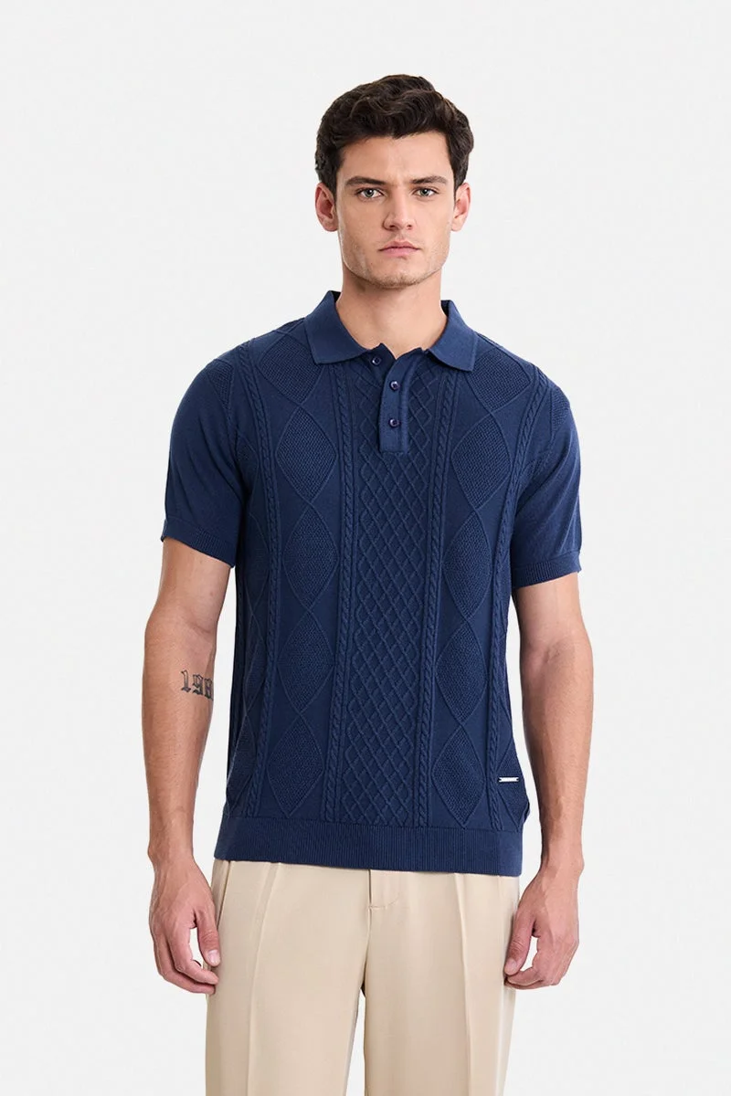 Snitch Navy Blue Navy Blue Textured Short Sleeve Regular Fit T-Shirt for Men | Best Price UAE