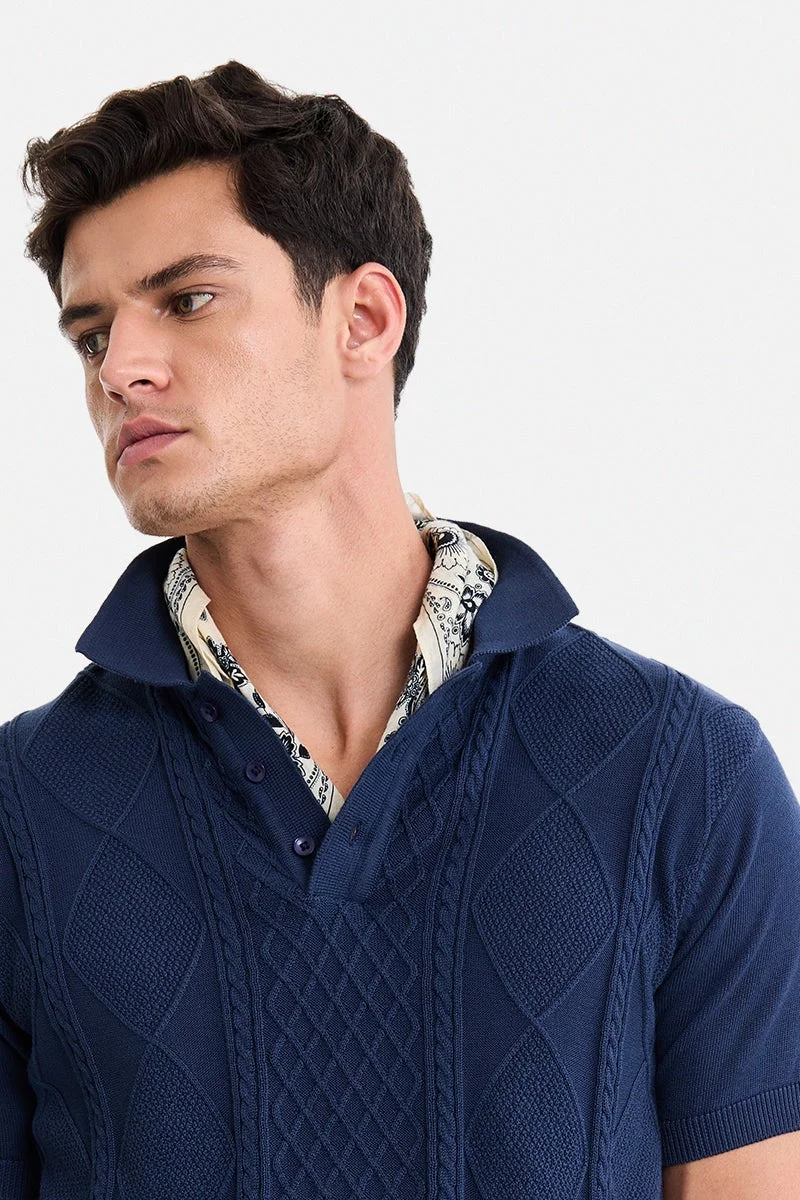 سنيتش Navy Blue Textured Short Sleeve Regular Fit T-Shirt