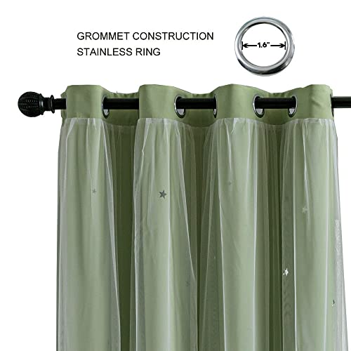 FANLI 2 Panels Star Blackout Curtains for Kid Girls Bedroom Living Room Darking Stripe Double Layer Star Cut Out Wall Home Decor Gradient Grommet Window Curtains (Green 63L) - Image 2