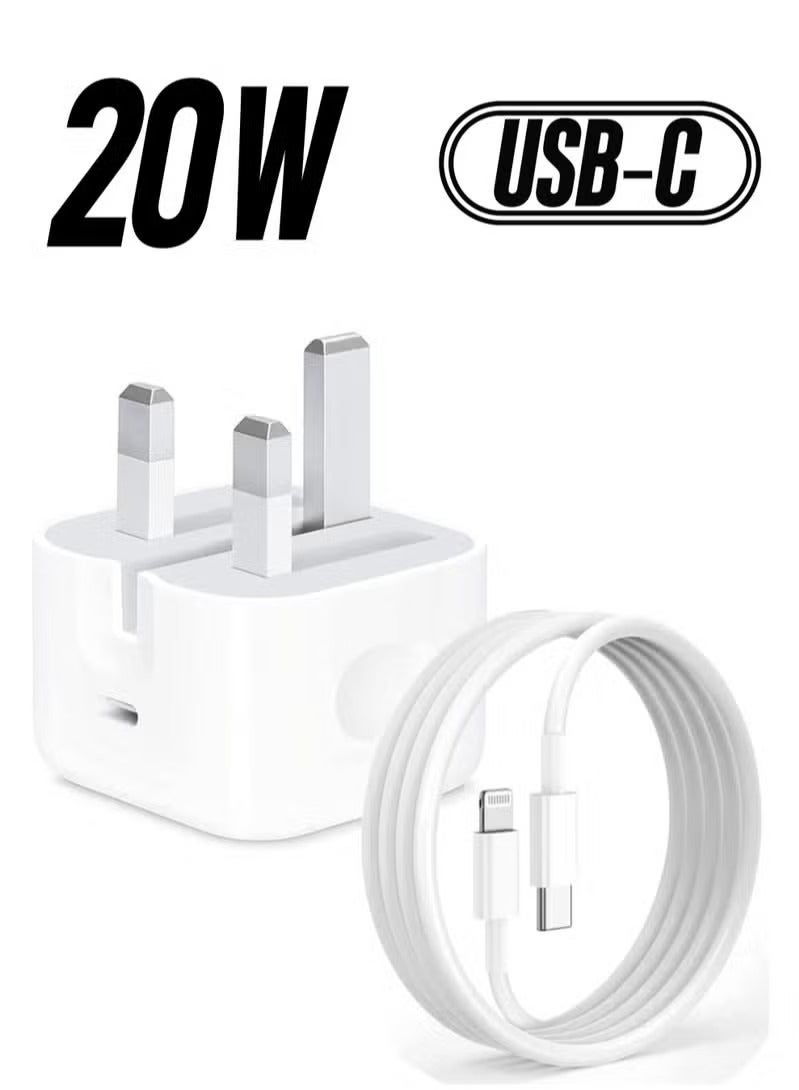 شاحن سريع 20 واط للآيفون | شاحن حائط سريع USB C مع كابل USB C إلى Lightning متوافق مع iPhone 14/14 Pro/14 Pro Max/13/12/SE2020/11/XR/XS Max/X/iPad - Image 1