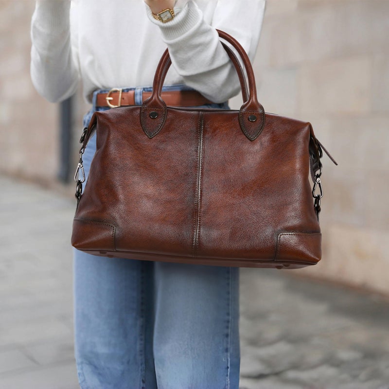 HESHE Genuine Leather Satchel Tote Bag for Women Leather Purse Large Capacity Top Handle Handbag Designer Shoulder Bags Vintage Cross Body Doctor Bag (Brown) - Image 3