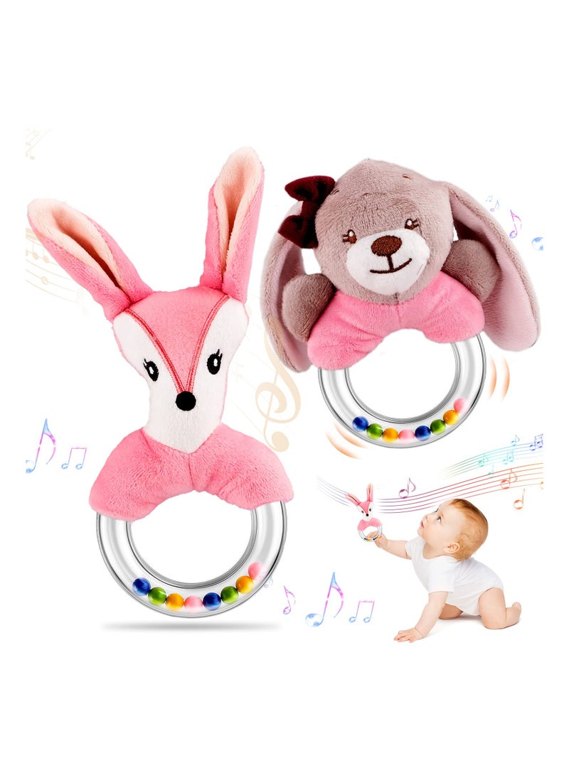 SYOSI 2PCS Baby Rattle Toys for 0-12 Months, Newborn Baby Rattles Teething Ring Sensory Plush Toy Ring Rattle Toy Shower Gift Sensory Plush Toy Set for 0 3 6 9 12 Month Infant Boys Girls (Fox/Rabbit)  - Image 1