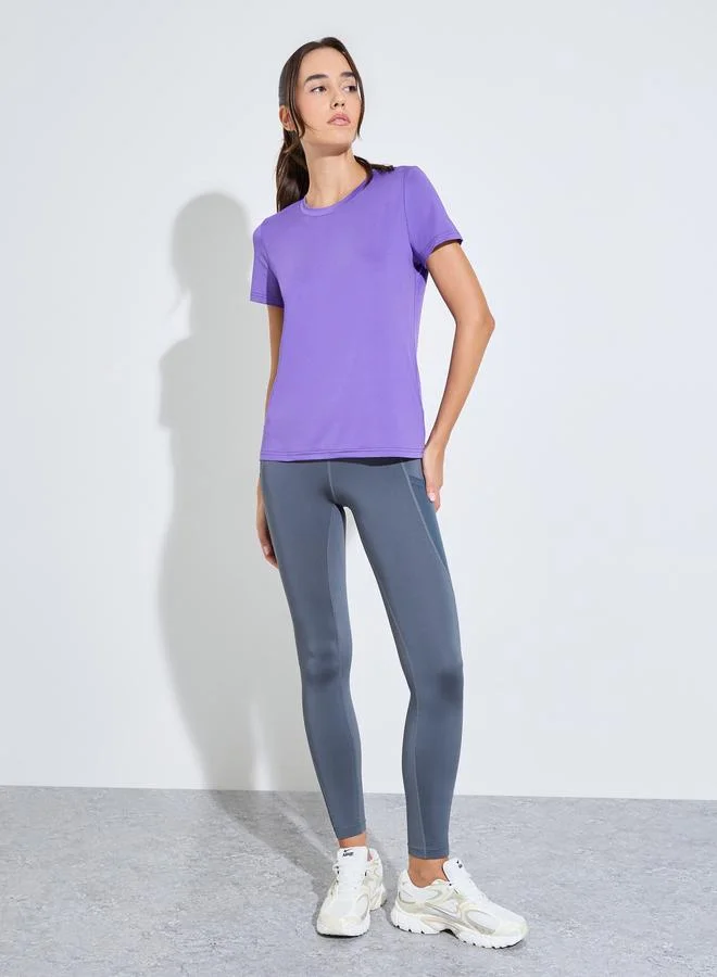 Styli Active Purple Basic Round Neck Short Sleeve Top