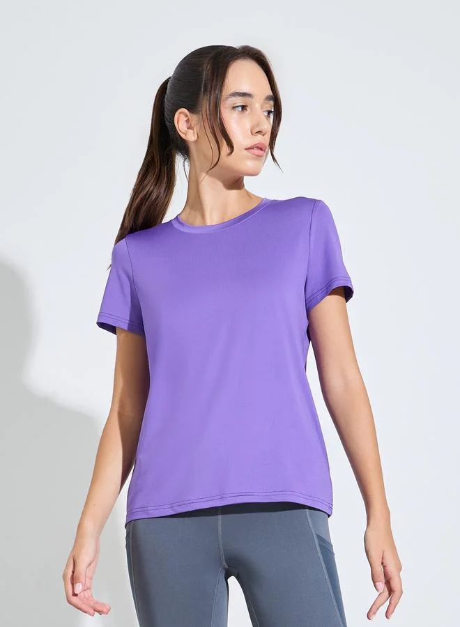 Styli Active Purple Basic Round Neck Short Sleeve Top
