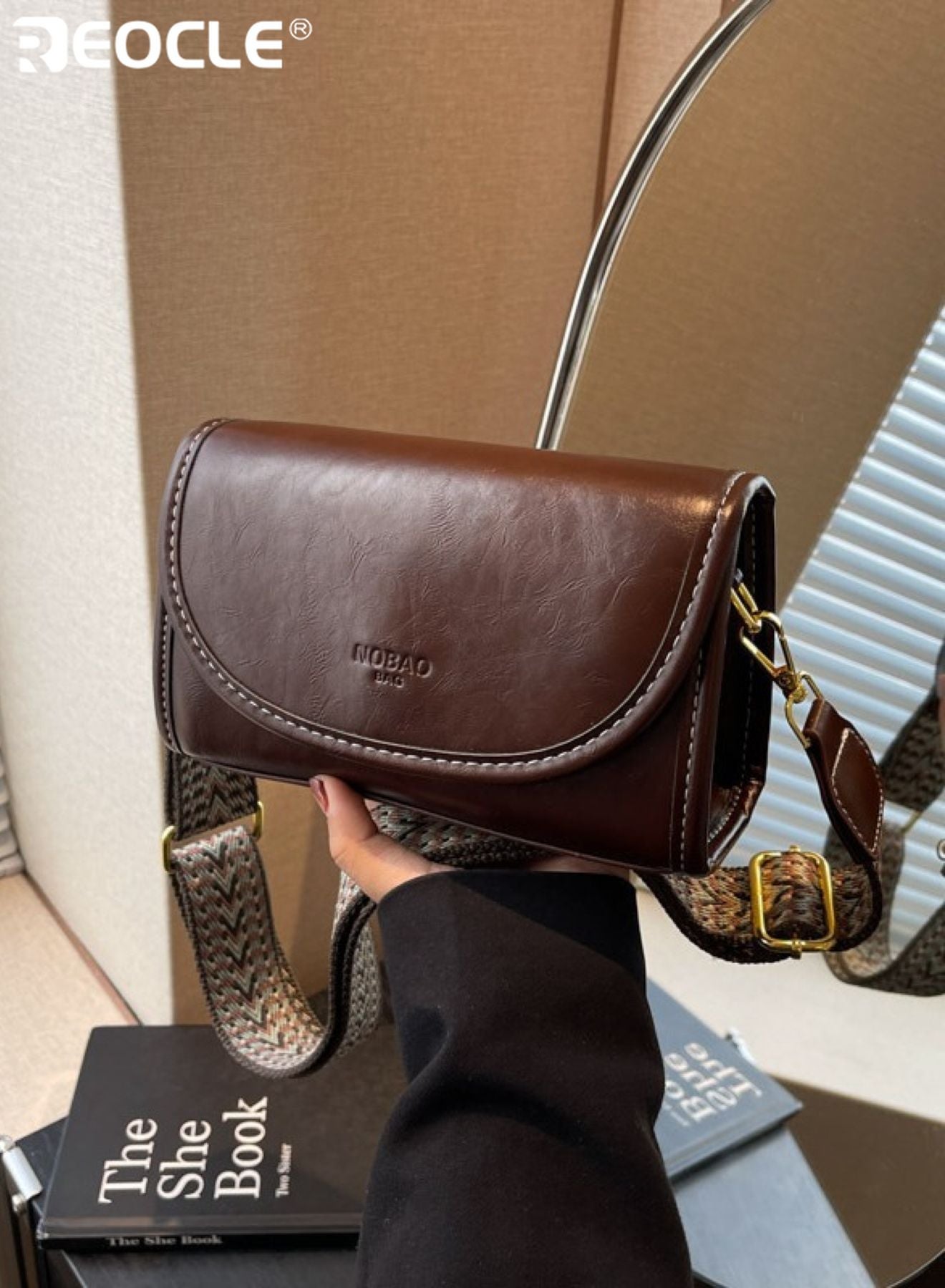 Women's Smooth Faux Leather Crossbody Bag with Woven Wide Strap & Stitched Flap Structured Casual Handbag for Daily Commute Casual Outings & Everyday Use