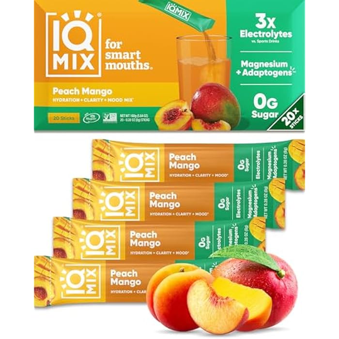 IQBAR IQMIX Hydration Electrolyte Powder – 4-in-1 Formula for Hydration, Mental Clarity, Mood and Recovery – Sugar-Free Drink Mix, Keto, Magnesium L-Threonate, Lion’s Mane – 20 Count Peach Mango - Image 1