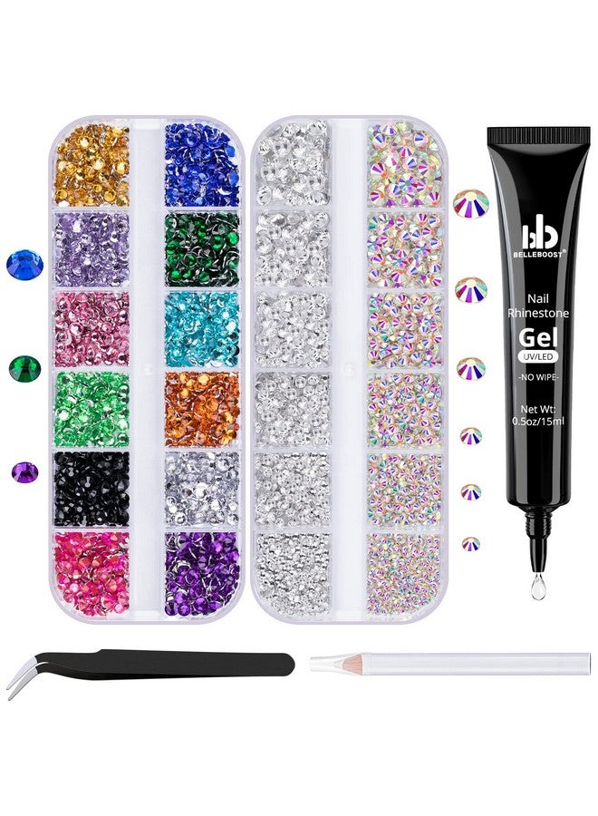 BELLEBOOST Nail Art Rhinestone Glue Gel&2 Boxes Flatback Gems Kit, 1 Tube of 15ml Rhinestone Gel Glue+Colorful Gems+Flat Back Round Glass Crystal AB&Clear Gemstones with Pickup Tools - Image 1