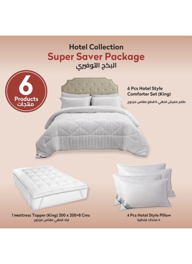 Donetella Hotel Style Super Saver Package 6 Pcs Comforter Set White +Mattress Topper + 4 Pillows King  - Image 1