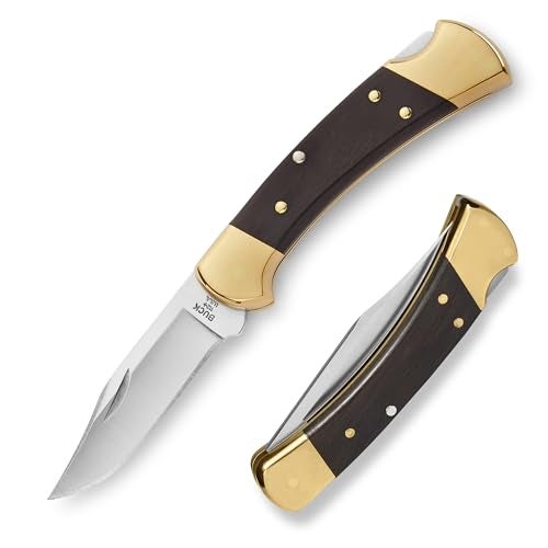 Buck Knives 112 Ranger Hunting Knife, 3" Blade, Lockback Design, Ebony Handle, Brass Bolsters, 420HC Stainless Steel Clip Point Blade, Sheath Included, Folding Knife Made in the USA, 5.6 oz - Image 1